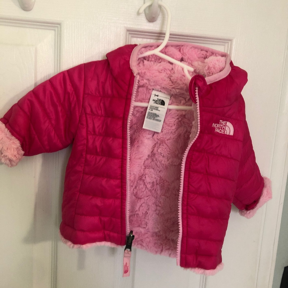 North Face Girls 0-3M Mos Pink Puffer Fleece Jacket Infant Baby Coat Reversible - Picture 3 of 6